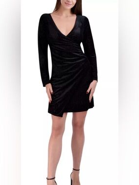 BCBGeneration Black Velvet Wrap-Style Long Sleeve Dress